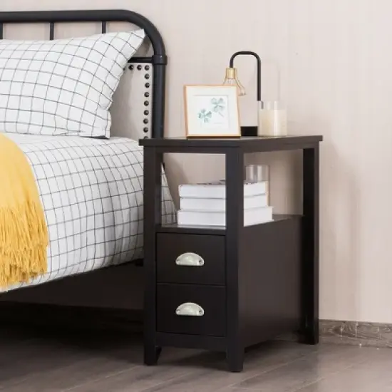 Costway Set of 2 End Bedside Table Rectangular Nightstand W/ 2 Drawers & Shelf Espresso image {2}