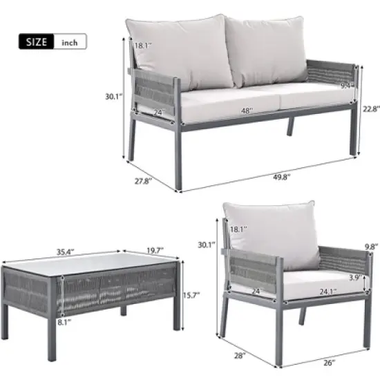 GlasFlength Patio Seating Sets, Seating Set for Modern Patios, Blending Grace with Practical ComfortSleek and Sophisticated, Gray, 48"*24"*30.1" image {3}