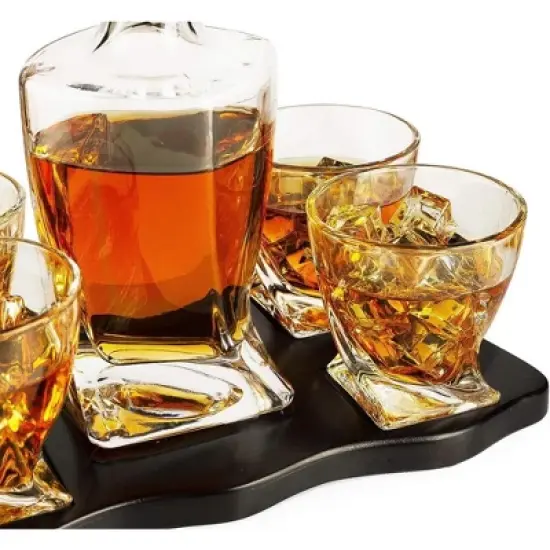 The Wine Savant Italian Crafted European Design Whiskey & Wine Decanter Set Includes 4 European Whiskey Style Glasses Set on Wooden Tray - 855 ml image {2}