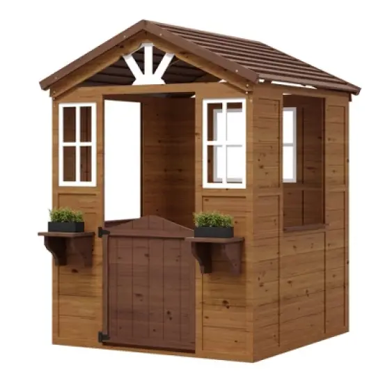 Wooden Play House for Kids, Wooden Play House Outdoor Cottage, Cedar Woodens Kids Playhouse Cottage, Toddler Outdoor Playhouse Vinyl Roof With Kitchen image {6}