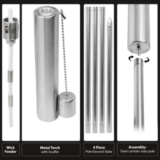 Sorbus Set of 4 Stainless Steel 5ft Outdoor Torches - Decorative Garden & Yard Lights - Fiberglass Wick & Snuffer Cap (Barrel) image {6}