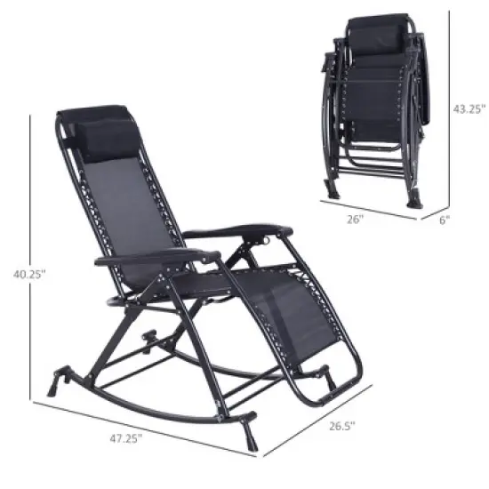 TIRAMISUBEST Outdoor Rocking Chair with Recliner, Foldable Anti-Gravity Lounge Chair with Cup/Phone Holder & Pillow, Black image {2}