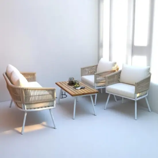 4-Piece Boho Patio Furniture Set with Handmade Rope Weave, Acacia Wood Table, and Metal Frame image {9}