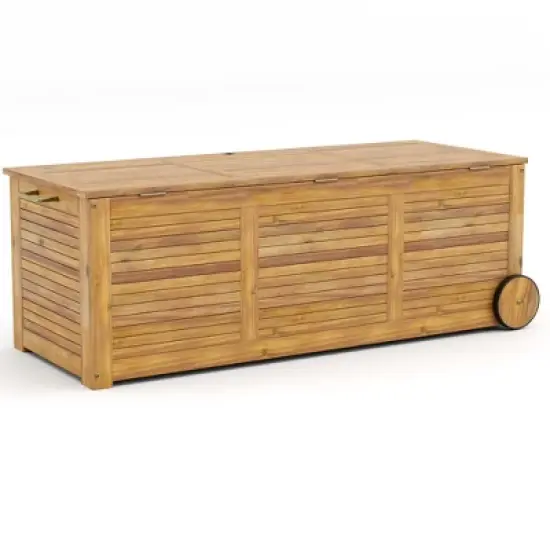 Costway 48 Gallon Acacia Wooden Patio Storage Deck Box Outdoor Storage Box with Wheels image {9}