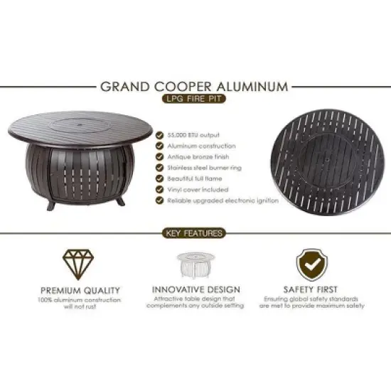 Fire Sense 44&rdquo; Grand Cooper Aluminum Gas Fire Pit 55,000 BTU Multi-Functional - Protective Cover and Clear Fire Glass - Round - Bronze Finish image {1}