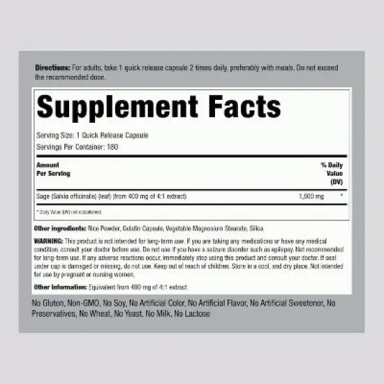 Piping Rock Sage Supplement 1600mg | 180 Capsules image {1}