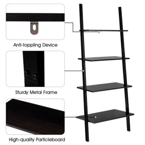 Costway Industrial Ladder Shelf 4-Tier Leaning Wall Bookcase Plant Stand Rustic Black/Brown image {8}
