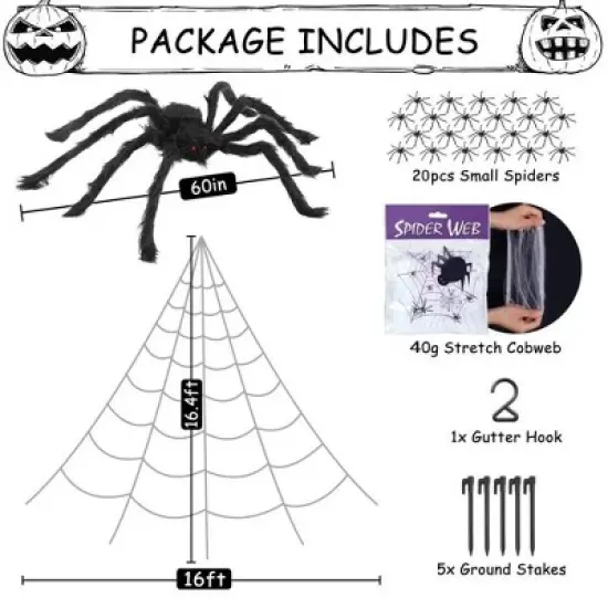 MOVSSOU Halloween Spider Decorations Set 5ft Giant Spider with Web and 20 Small Spiders image {3}