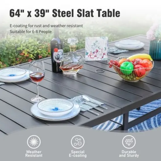 Captiva Designs 9pc Patio Spacious Black Steel Dining Table & High Back Padded Grayish Brown Sling Armrest Chairs image {7}