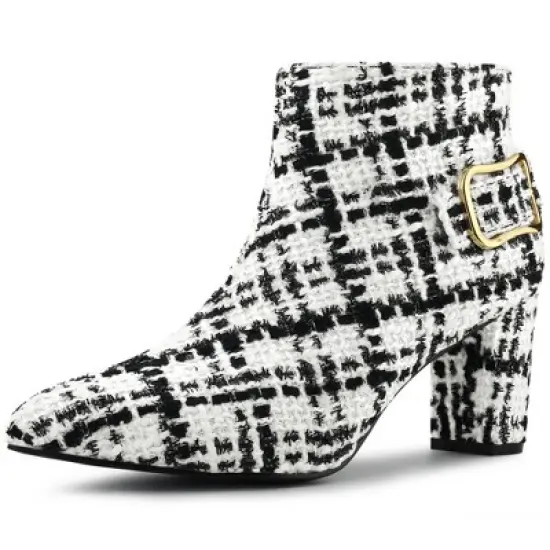 Allegra K Women's Plaid Pointed Toe Chunky Heels Ankle Boots image {12}