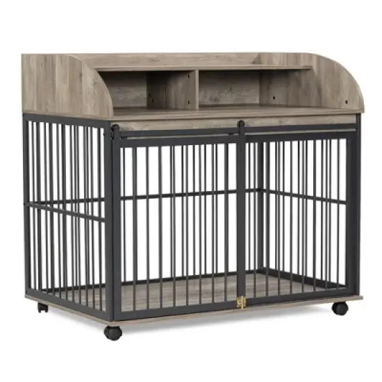 YOOCOZZ 44'' Heavy Duty Large Dog Crate, with Lockable Wheels, Wooden Dog Crate Dog Kennel, End Table Crate with Double layer storage-Gray image {4}