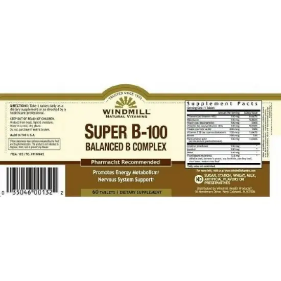 Windmill Super B-100 Balance B Complex Tablets - 60 Ct image {2}
