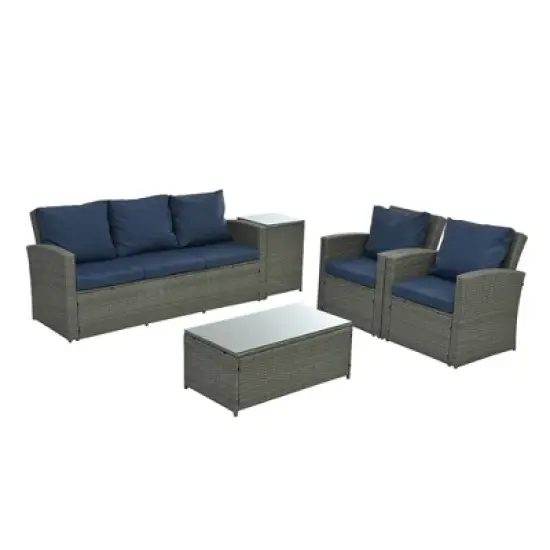 Syemin 5PCS Patio Seating Rattan Furniture Set Sectional Sofa Cushioned Garden, Tempered Glass Table, Blue, 67.5"*24.2"*29.7" image {4}