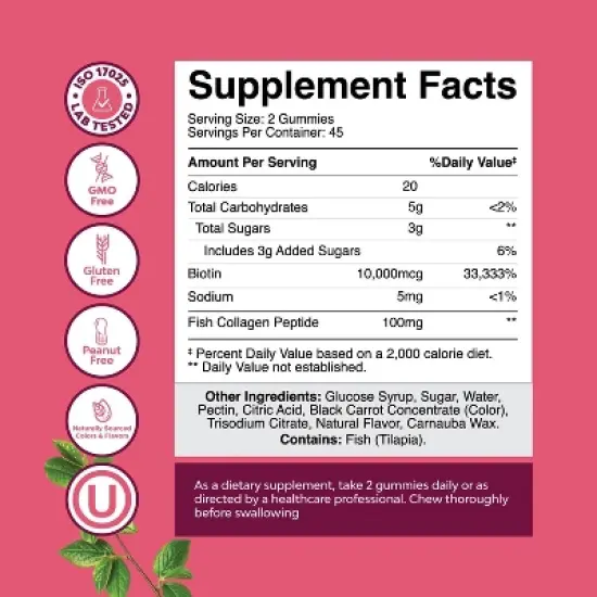 Collagen + Biotin Gummies, Extra Strength Biotin Collagen Supplement for Hair, Skin, & Nails for Women, Raspberry Flavor, Nature's Craft, 90ct image {2}