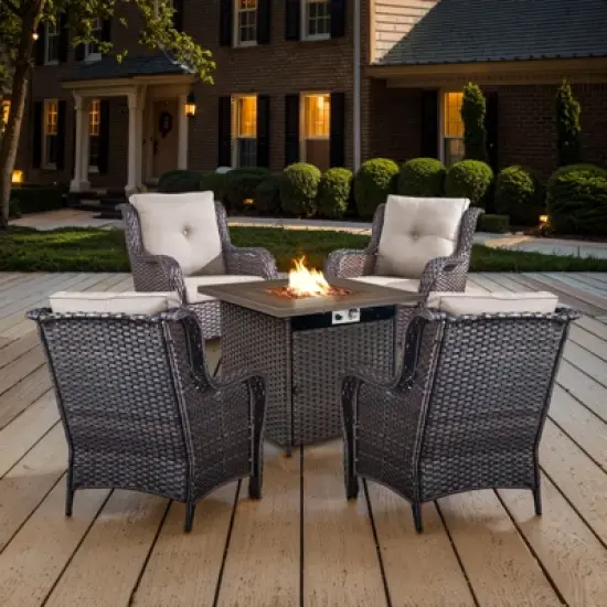 POCASSY 5-Piece Patio Furniture Set with Fire Pit Table, Outdoor Seating Set with 50000 BTU Fire Pit, All-Weather Wicker Patio Bent Armchair image {1}