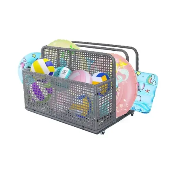 Poolside Float Storage with Wheels, Rolling PE Rattan Pool Caddy, Outdoor Wicker Pool Float Holder Storage Box for Cushions, Floaties, Noodles, Toys image {7}