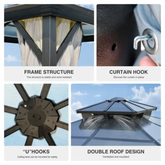 8 ft. x 8 ft. Hardtop Outdoor Gazebo, Polycarbonate Double Roof BBQ Gazebo with Aluminum Frame, Storage Hooks, Curtains image {4}