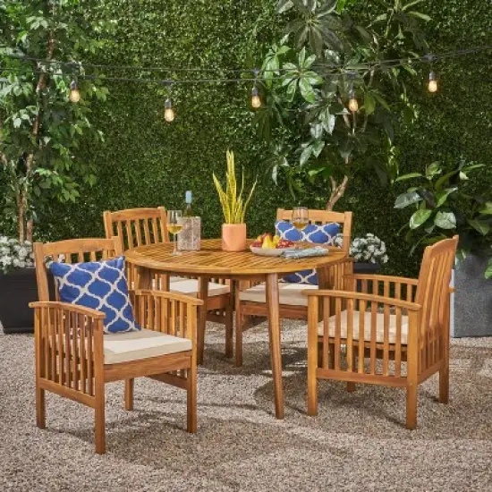 Christopher Knight Home Maura Outdoor Acacia Wood 5 Piece Dining Set with Water Resistant Cushion image {8}