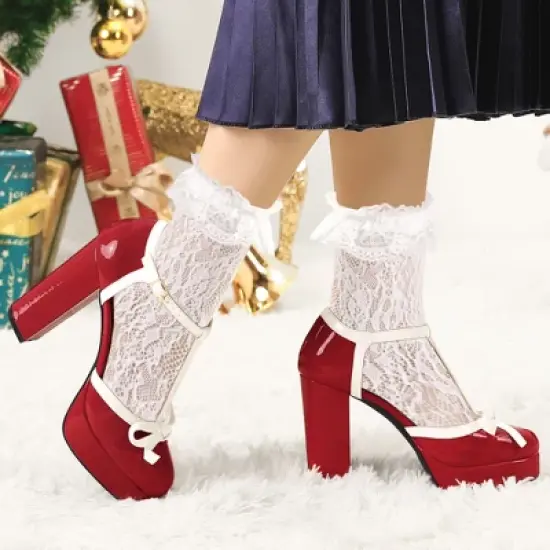 Allegra K Women's Platform Bow T-Strap Chunky Heels Pumps image {1}