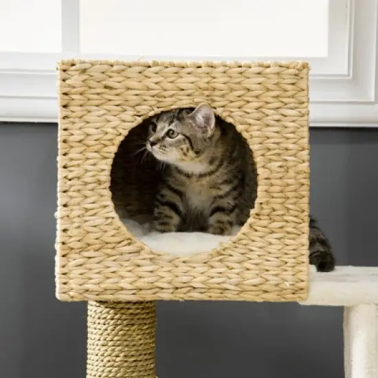 PawHut Cattail Weave Cat Tree for Indoor Cats Kitty Tower with Rattan Cat Condo, Wicker Bed, Ladder, Washable Cushions, 22.5" x 14.5" x 39.5", Natural image {5}