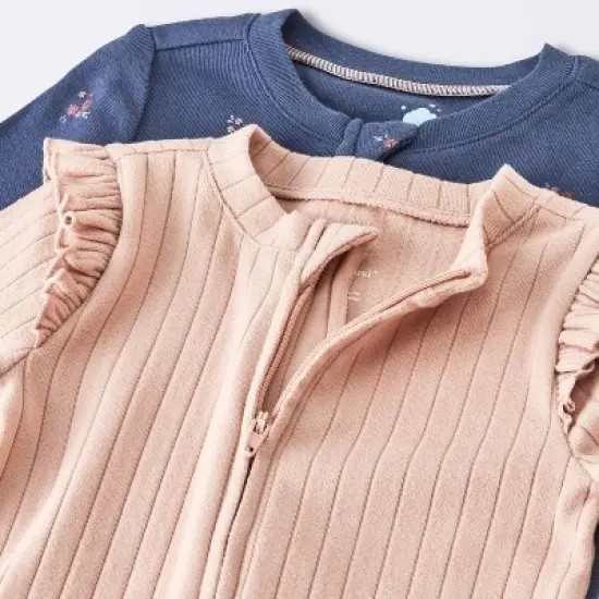 Baby Girls' 2pk Cozy Wide Ribbed Floral Sleep N' Play - Cloud Island&trade; Pink/Blue image {2}