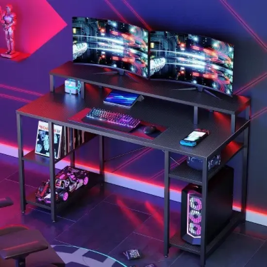 Bestier 55'' Computer Desks with Reversible Bookshelf, Standing Writing Desk for Home Office/Studying/Gaming image {8}