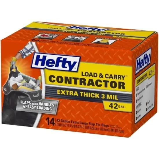 Hefty Contractor Load & Carry Extra Large Flap Tie Trash Bags - 42 Gallon - 14ct image {1}