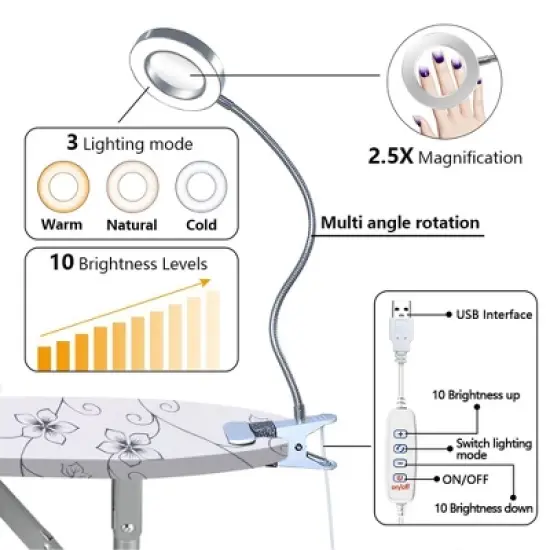 LEIBOU Professional 35 Inch Vented and Foldable Manicure Table with Magnifier Lamp, Dust Collector, Sponge, and Polish Carrying Bag, White Flower image {4}