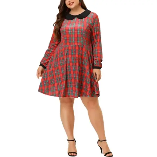 Agnes Orinda Women's Plus Size Long Sleeves Velvet Peter Pan Collar Plaid Dresses image {5}