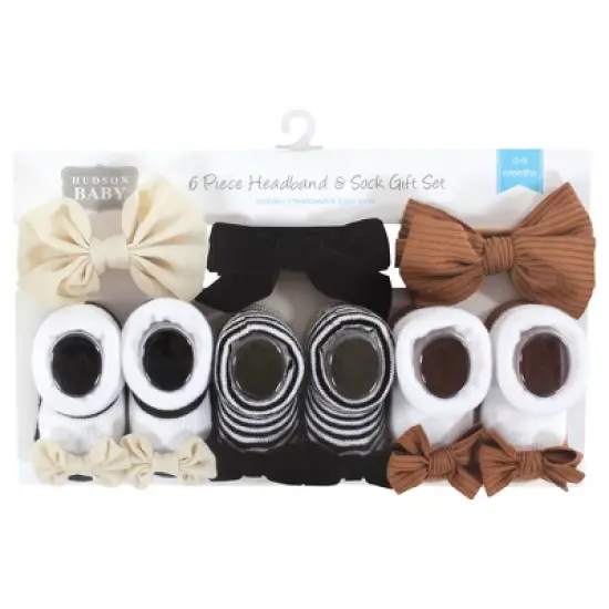 Hudson Baby Infant Girl Headband and Socks Giftset, Black Stripe Neutrals, One Size image {1}