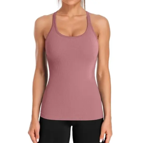 Attraco Women's Ribbed Workout Tank Tops with Built in Bra Tight Racerback Scoop Neck Athletic Top Yoga Tops image {8}
