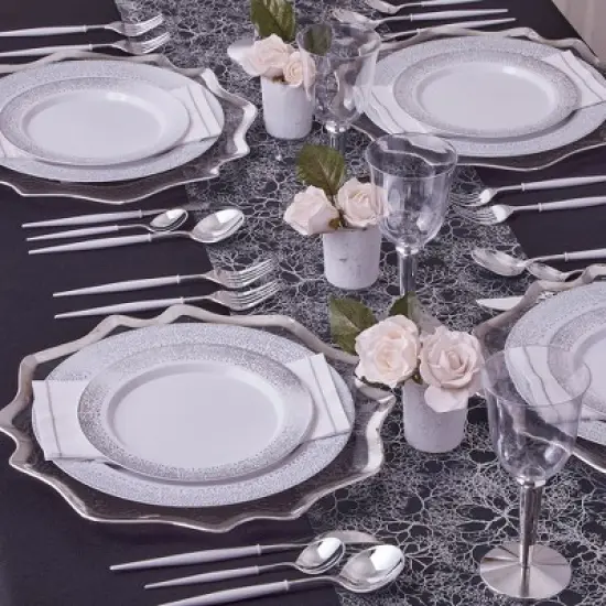 RCZ D&eacute;cor Elegant Scalloped Rim Charger Plates for Party, Heavy Duty Dinner Set, 13&rdquo;, Silver/Clear (12 PC) image {1}