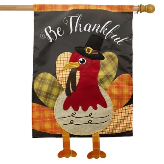 Briarwood Lane Colorful Turkey Thanksgiving Applique House Flag Be Thankful Embroidered 28"x40" image {1}