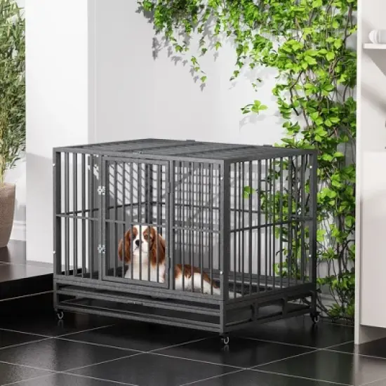 PawHut Heavy Duty Dog Crate Dog cage Kennel with Lockable Wheels, Double Door and Removable Tray, Grey image {1}