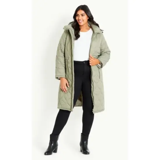 Women's Plus Size Quilted Hood Coat - Green | EVANS image {1}