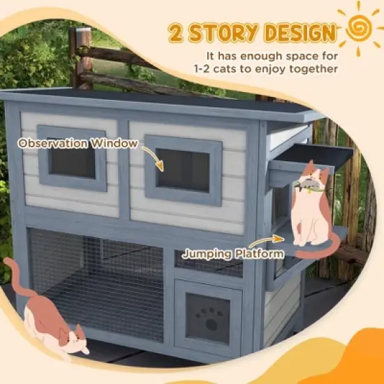 ORRD PawHut 2-Tier Outdoor Cat House, Weatherproof Feral Shelter w/ Escape Door, Asphalt Roof, Jump Platform, Light Gray image {3}