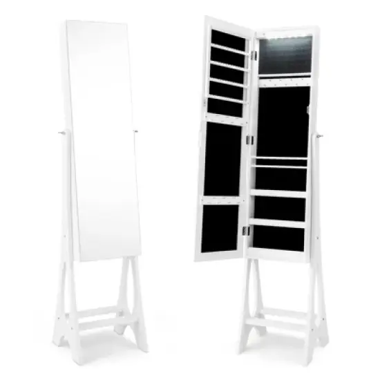 Costway LED Jewelry Cabinet Armoire with  Bevel Edge Mirror Organizer Mirrored Standing image {9}