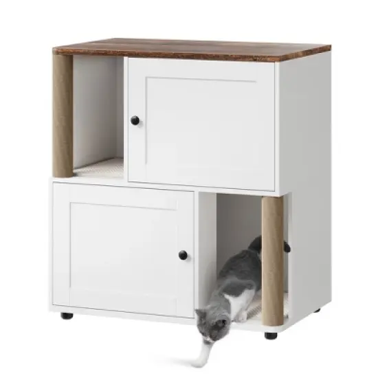 Cat Litter Box Enclosure, Hidden Litter Box Cabinet Furniture with Double-Layer Litter Mats and Scratching Board for 2 Cats image {8}
