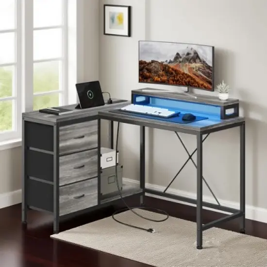 ODK L Shaped Computer Desk with Drawers Shelves Corner Gaming Desk Home Office Workstation Modern Ergonomic Design image {10}