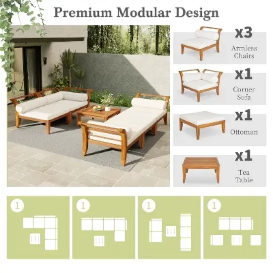 6 PCS Patio Sofa Set Outdoor Modular Sectional Garden Furniture Set L-Shaped Conversation Set with Table, Ottoman, Cushions & Pillows- ModernLuxe image {3}