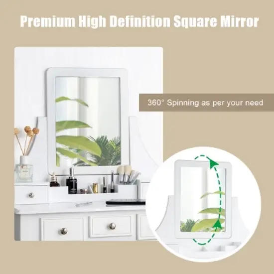 Tangkula Rotatable Mirror Vanity Set Makeup Dressing Table and Stool w/ 5 Drawers image {3}