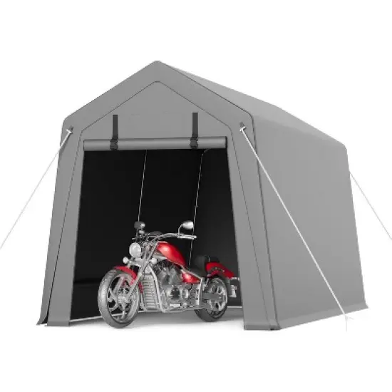 Heavy-Duty Outdoor Storage Shed, Waterproof & UV-Protected Motorcycle Shelter with Roll-Up Door, Ventilation, Grey Carport Tent for Bike, Tools image {12}