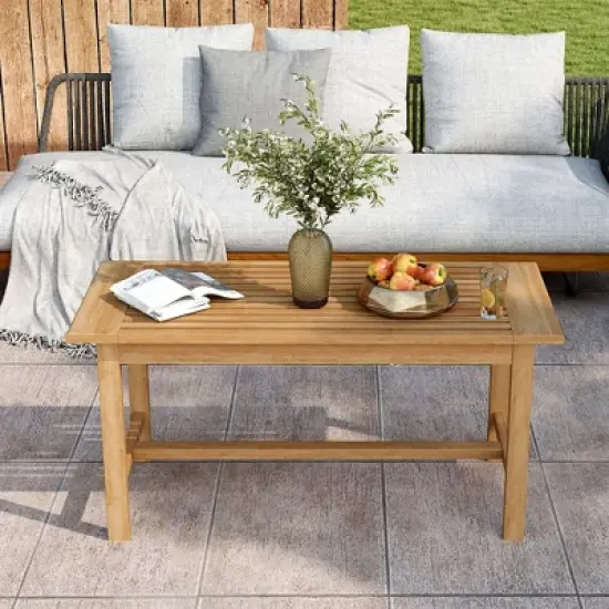 Tangkula 36"Patio Coffee Table Solid Wood Coffee Table w/ Slatted Tabletop Natural image {1}