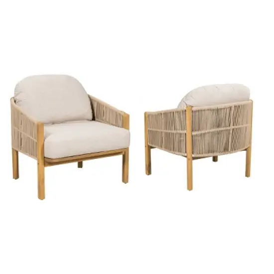 Set of 2 Outdoor Lounge Chairs with Acacia Wood and Rope Woven Back,Modern Patio Chairs with Cushions for Porch or Garden-Maison Boucle image {4}