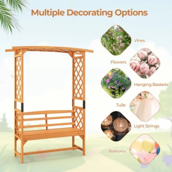 Tangkula Patio Arbor Garden Archway w/ Pergola Bench & Side Trellises for Climbing Plants Vines Grapes 2-Seat Wooden Outdoor Bench Backyard Decoration image {5}