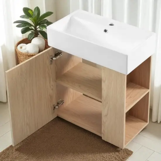 21.6" Floating Bathroom Vanity with Right Side Open Shelves, Wall-Mounted Cabinet with Ceramic Sink, Soft-Close Door image {4}