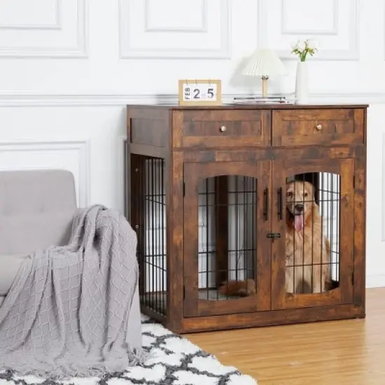 Wooden Dog Crate End Table with 3 Doors, 2 Drawers & Cushion | Furniture-Style Kennel for Small Large Breeds image {3}