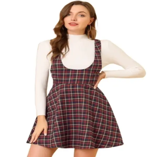 Allegra K Women's Pinafore Overall Tartan Checks Braces A-line Suspender Skirt image {8}