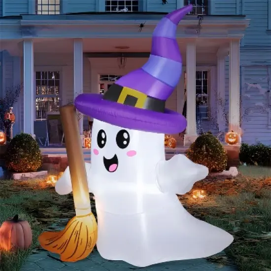 Joyfy 6 FT Tall Halloween Inflatables Outdoor Decorations, Inflatable Cute Ghost Holding Broom with LEDs for Halloween Outdoor Yard Garden Lawn Decor image {3}