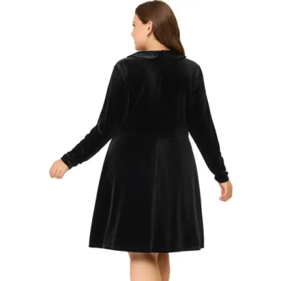 Agnes Orinda Women's Plus Size Elegant Outfits Velvet Long Sleeve Peter Pan Collar Flare Midi Dress image {3}